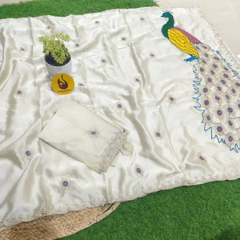 Premium Designer Peacock Embroidery Moti Work Saree - SSPEA2
