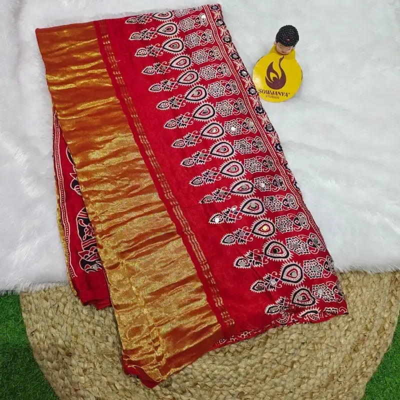 PURE Model Silk original Ajrakh Saree With Original Mirrors(red) - PAJRAK