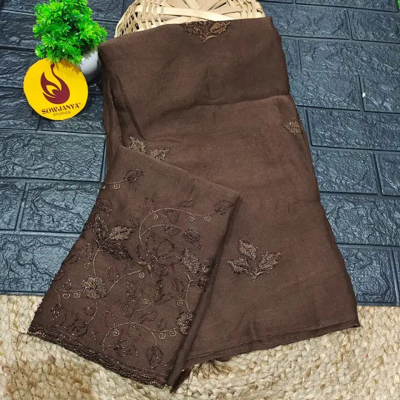 Premium Crush Saree with Heavy Beads Work - CHOCO