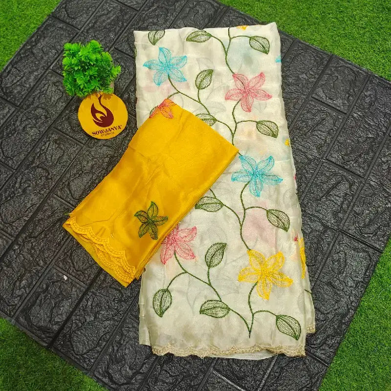 Designer Embroidery work Sarees - CREAM