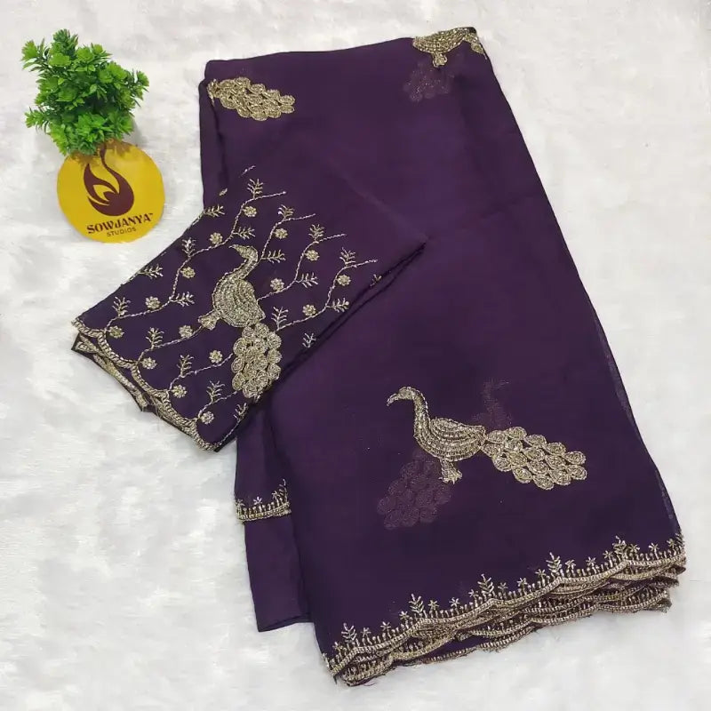 Rangoli Crush Saree With Peacock Beads Work Design (Grape) - SPARK