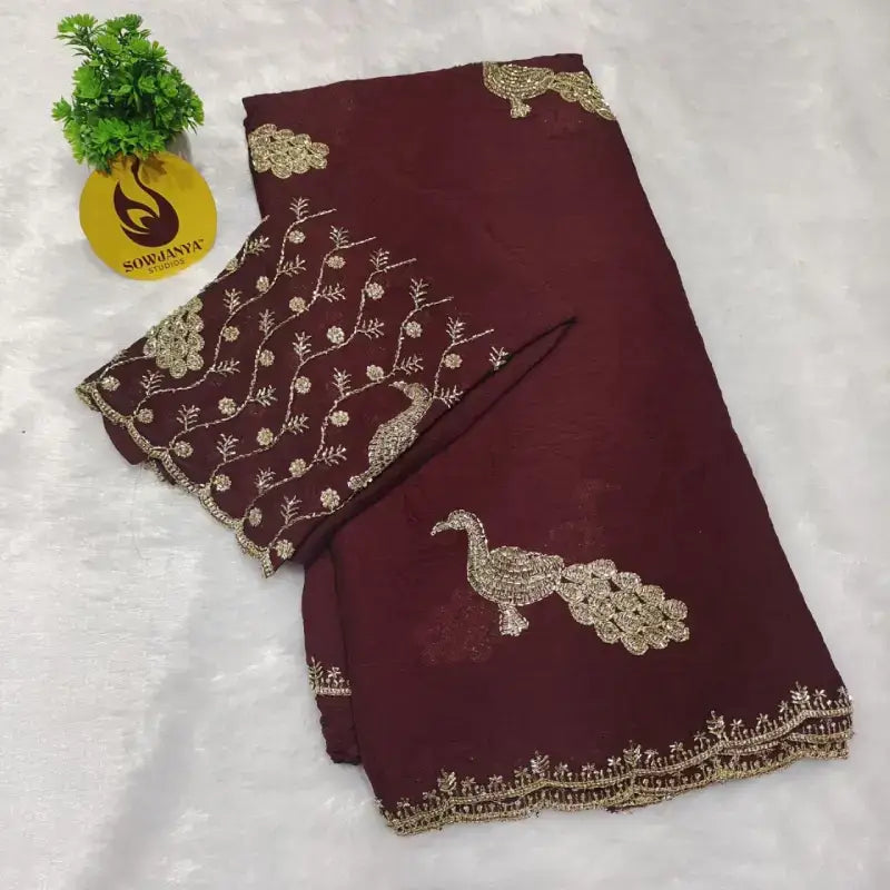 Rangoli Crush Saree With Peacock Beads Work Design (meroon) - SPARK