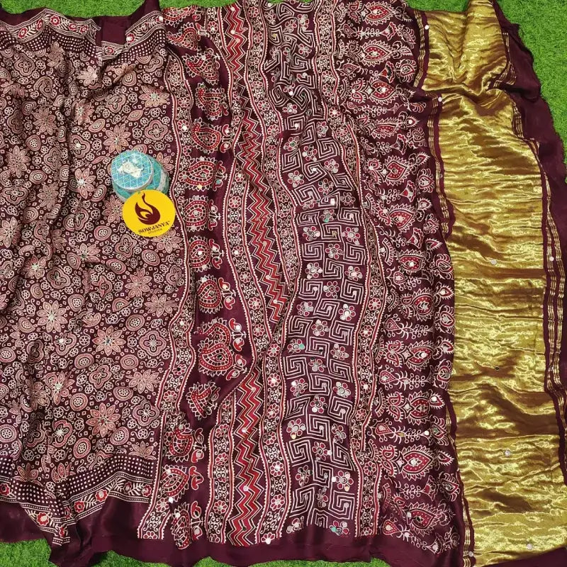 PURE Model Silk original Ajrakh Saree With Original Mirrors - PAJRAK