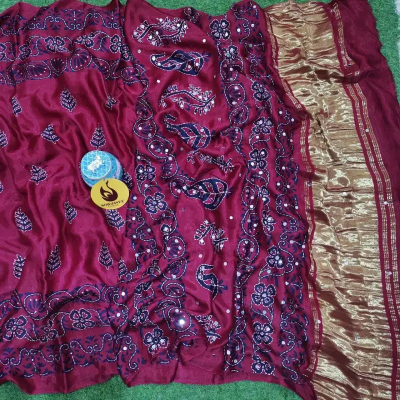 PURE Model Silk original Ajrakh Saree With Original Mirrors - PAJRAK