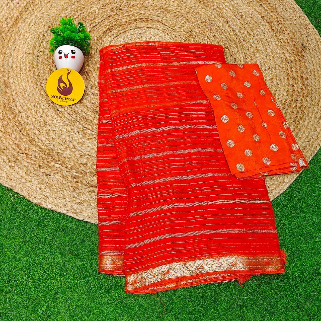 Premium Viscose Georgette ZARI LINES Saree's - ORANGE2