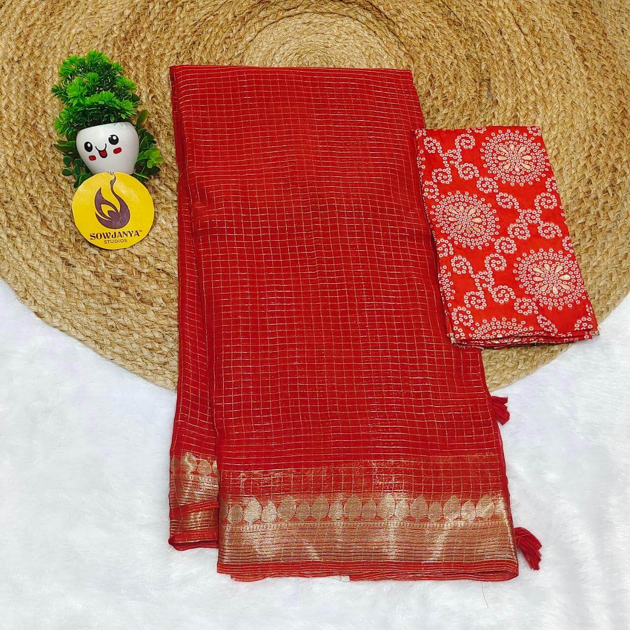 Premium Viscose Georgette Zari Chex with Bandini Blouse Sarees - SSBCH2 (RUST ORANGE)