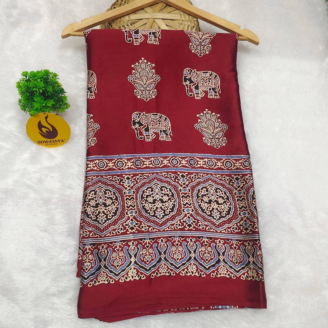 Heavy Japan Satin Crape Saree Without Mirrors(79)maroon - AJRAK