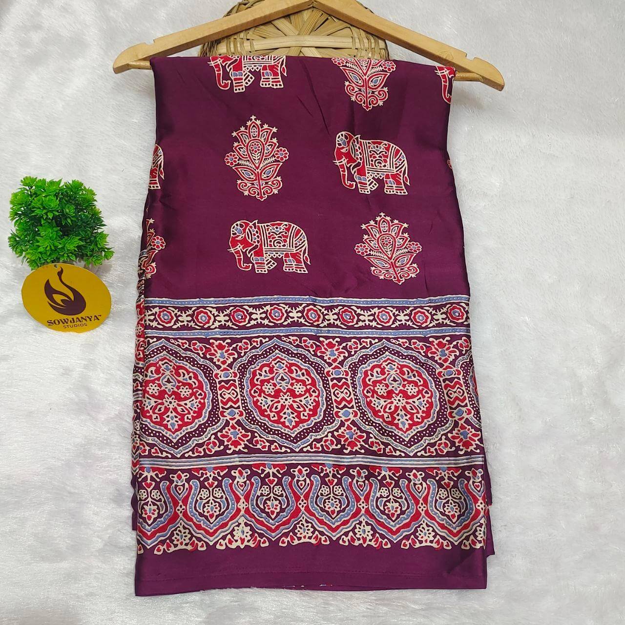 Heavy Japan Satin Crape Saree Without Mirrors(80) wine- AJRAK