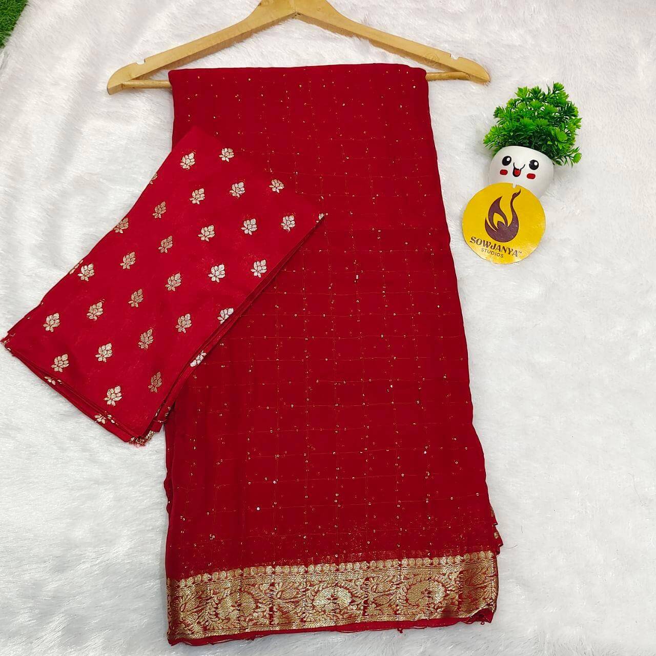 Premium Viscose Georgette Sequence Saree(RED)- SSSQU