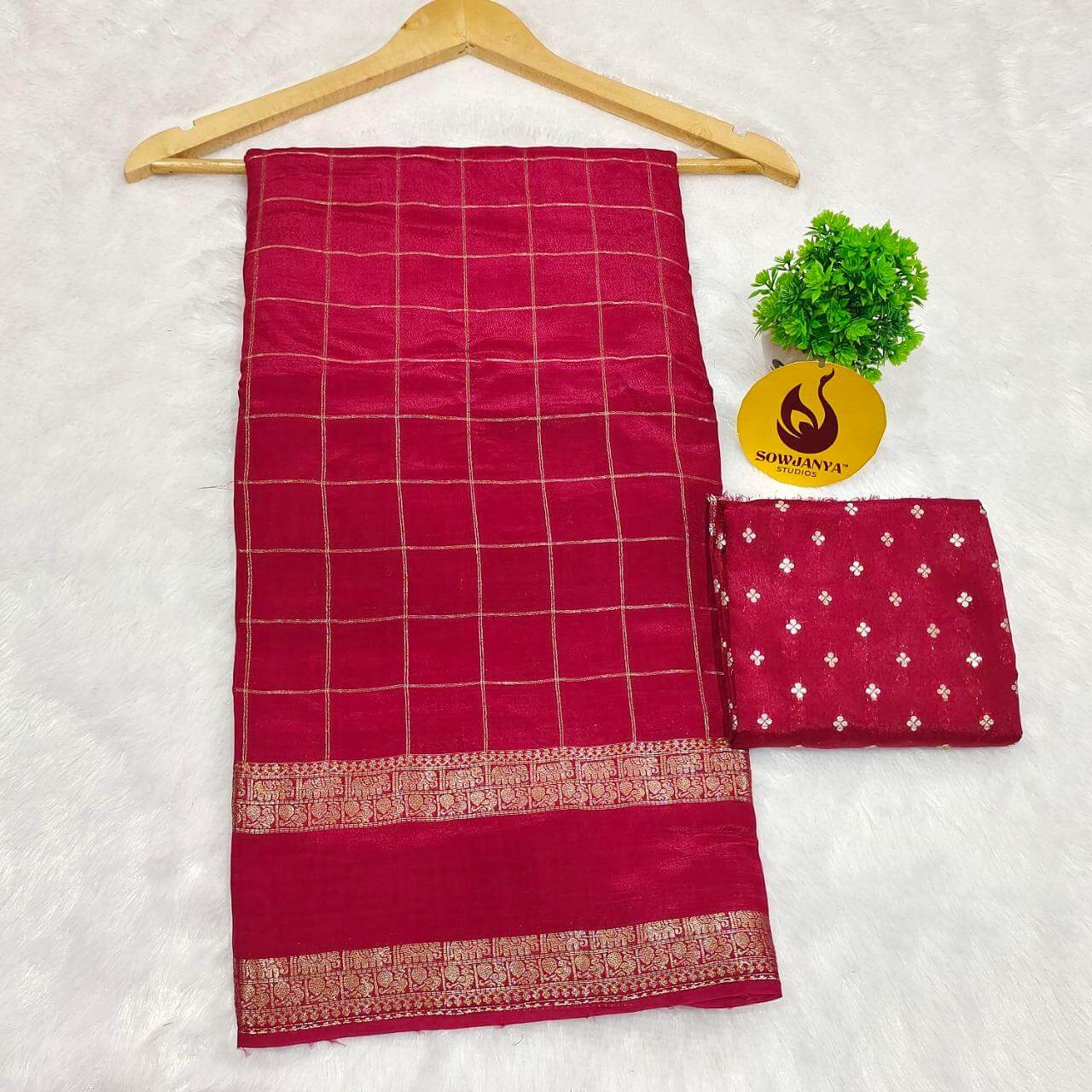 Viscose Crape Satin Chex Saree With gap Border(Maroon) - SSCDB