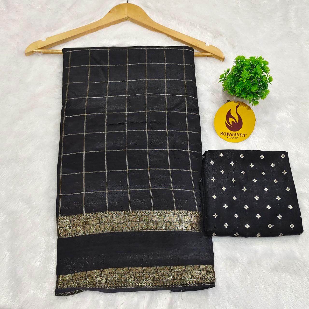 Viscose Crape Satin Chex Saree With gap Border(black) - SSCDB