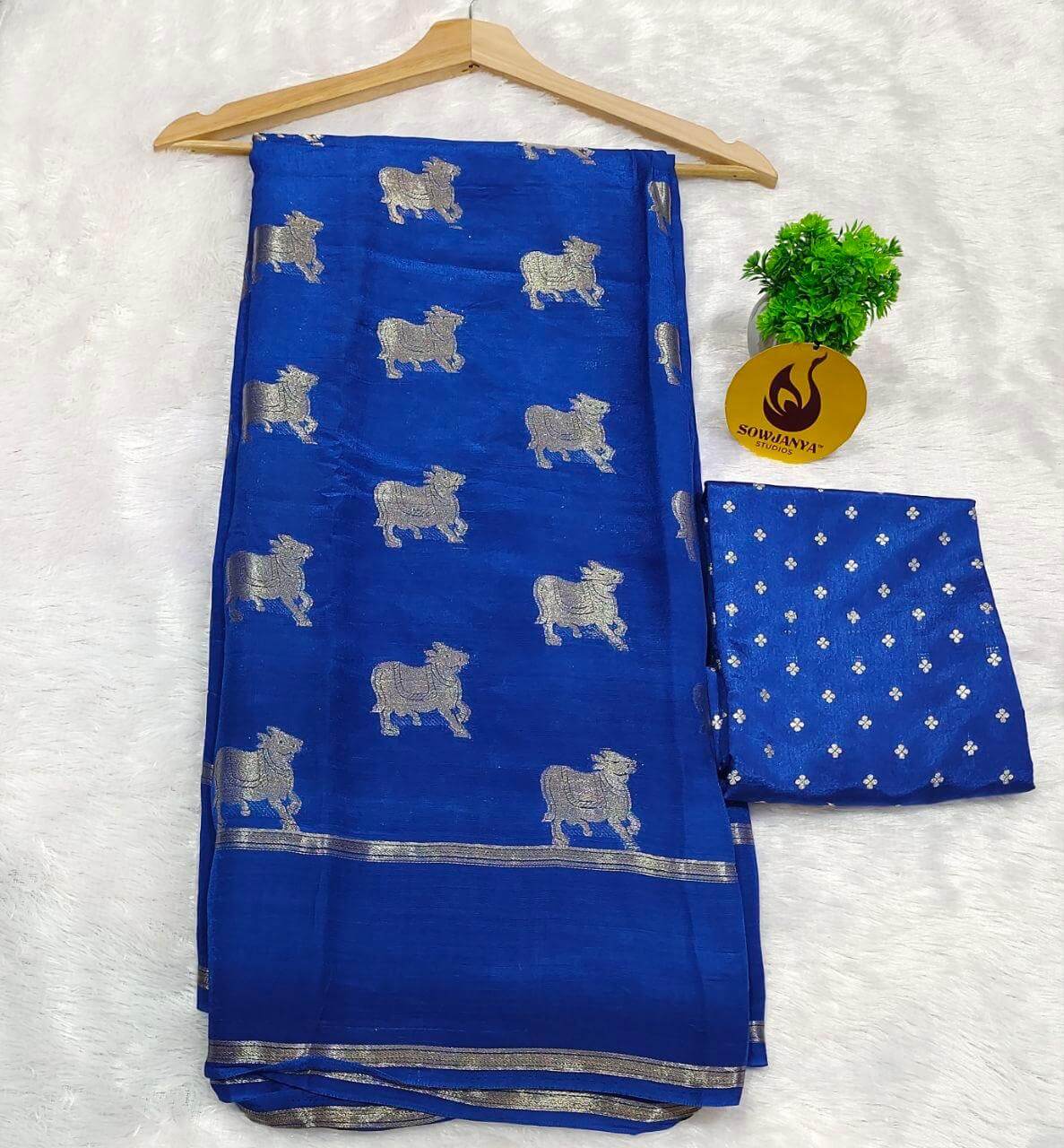 Viscose Crape Satin Saree (BLUE) - SSCDB