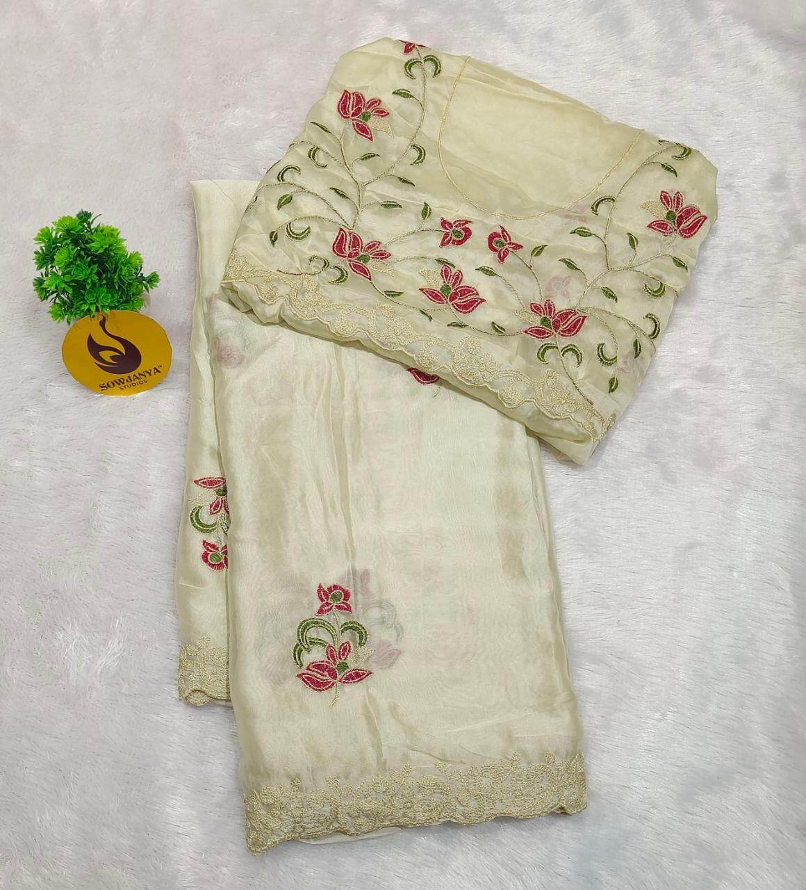 Premium Rangoli Silk Saree with work blouse- CREAM