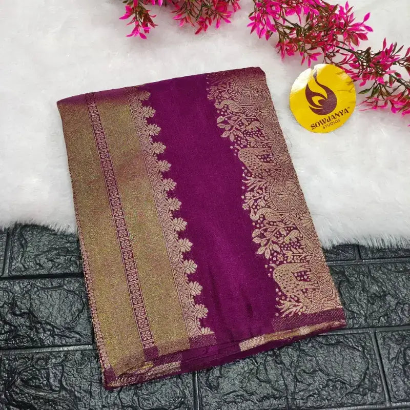 Premium Viscose Crape Heavy Zari work Sarees(Purple) - YEAR