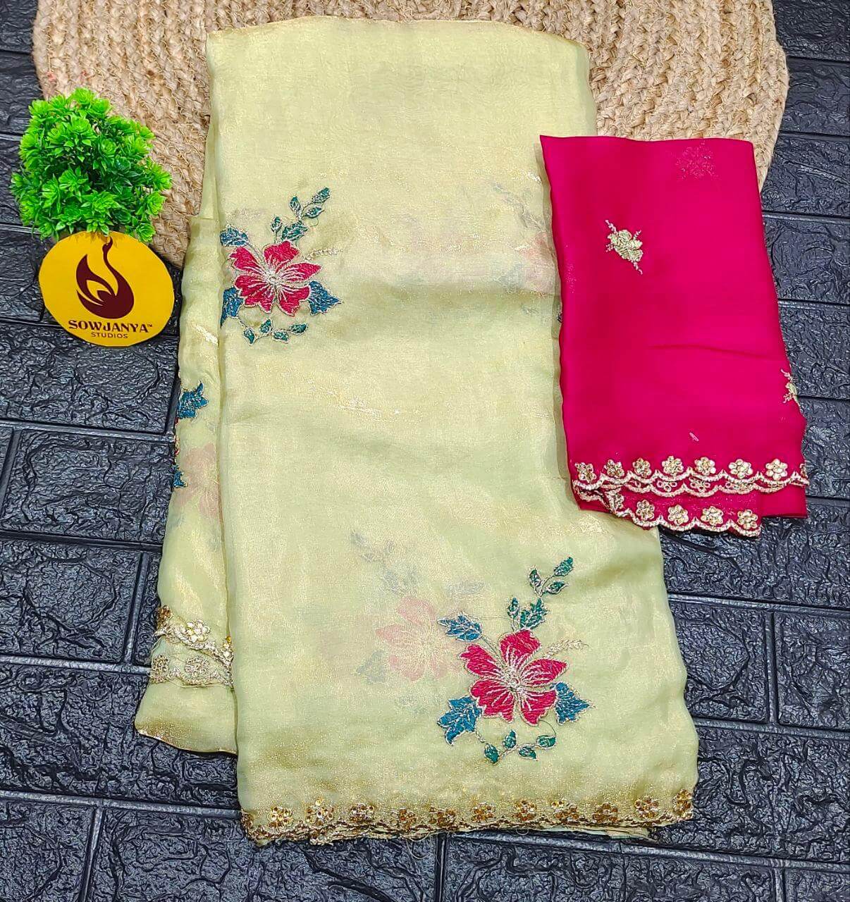 Premium Space Silk with work Sarees(pista) - YEAR