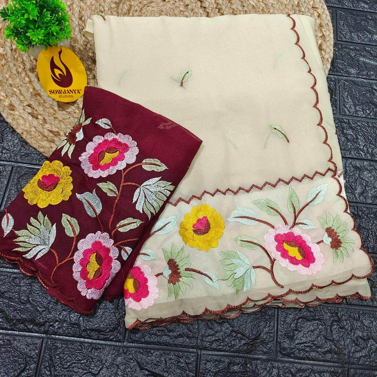 Premium Shimmer Georgette Emboridery Work Sarees - SSGES