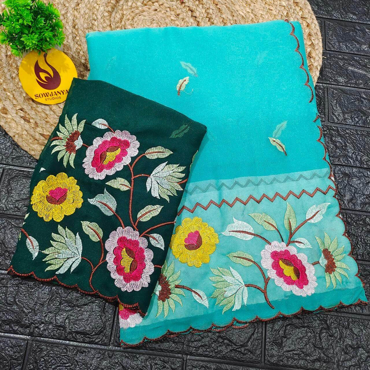 Premium Shimmer Georgette Emboridery Work Sarees - SSGES