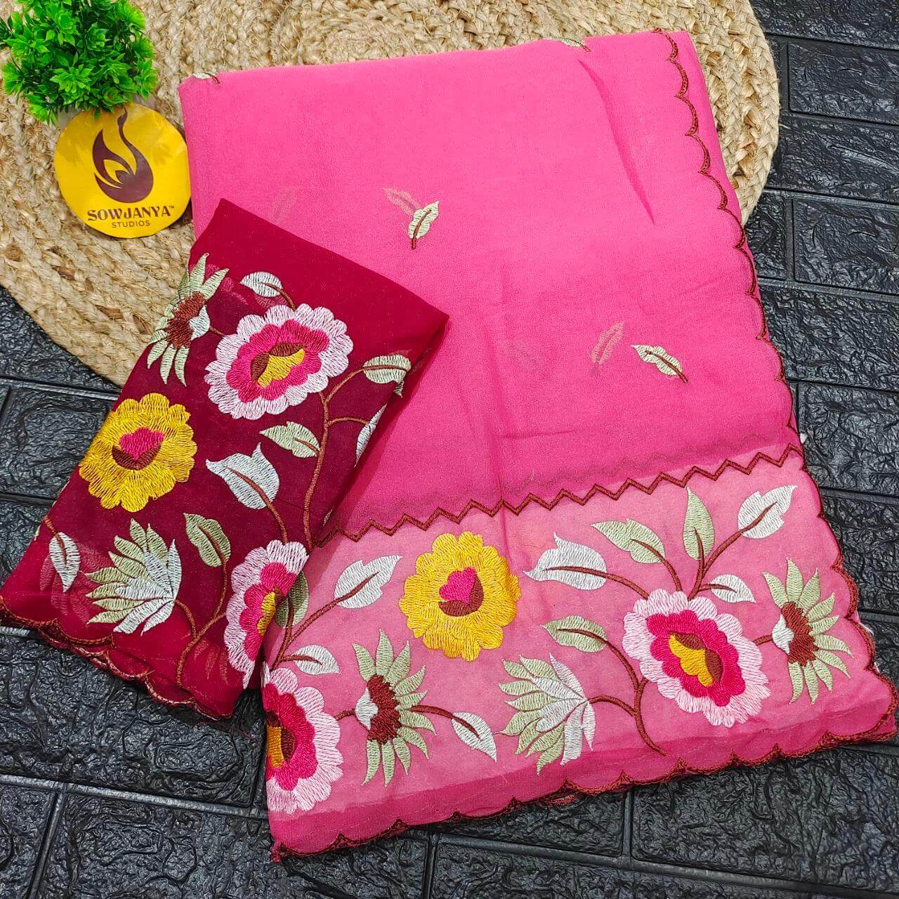 Premium Shimmer Georgette Emboridery Work Sarees(PINK) - SSGES