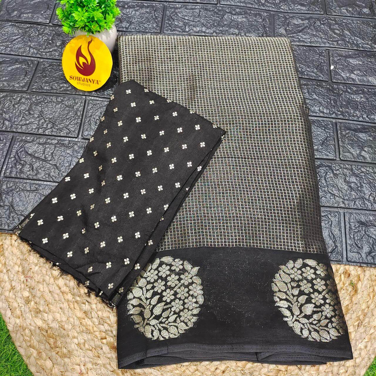 Viscose Crape Chex Saree With Designer Border(black) - SSCDB