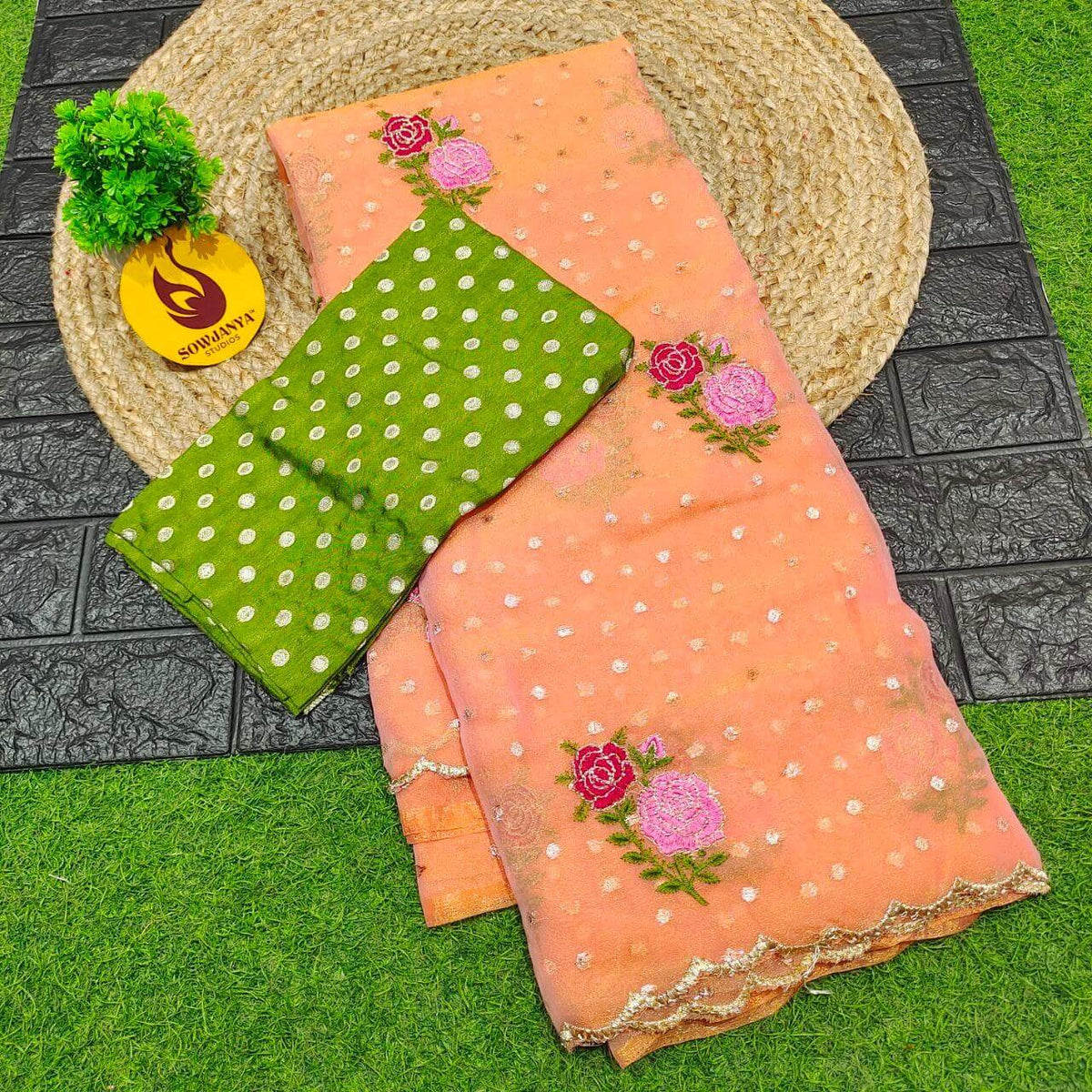 Designer Shimmer Georgette Butti with Emboridery Sarees(peach) - SSFLW