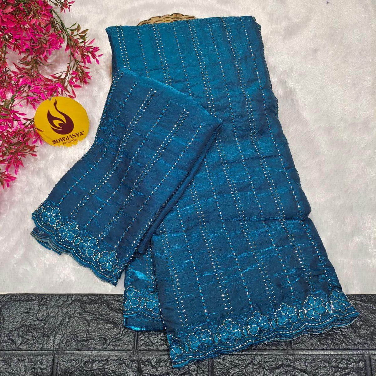 Premium Space Silk Heavy Bead Work Sarees(blue)- BEADS