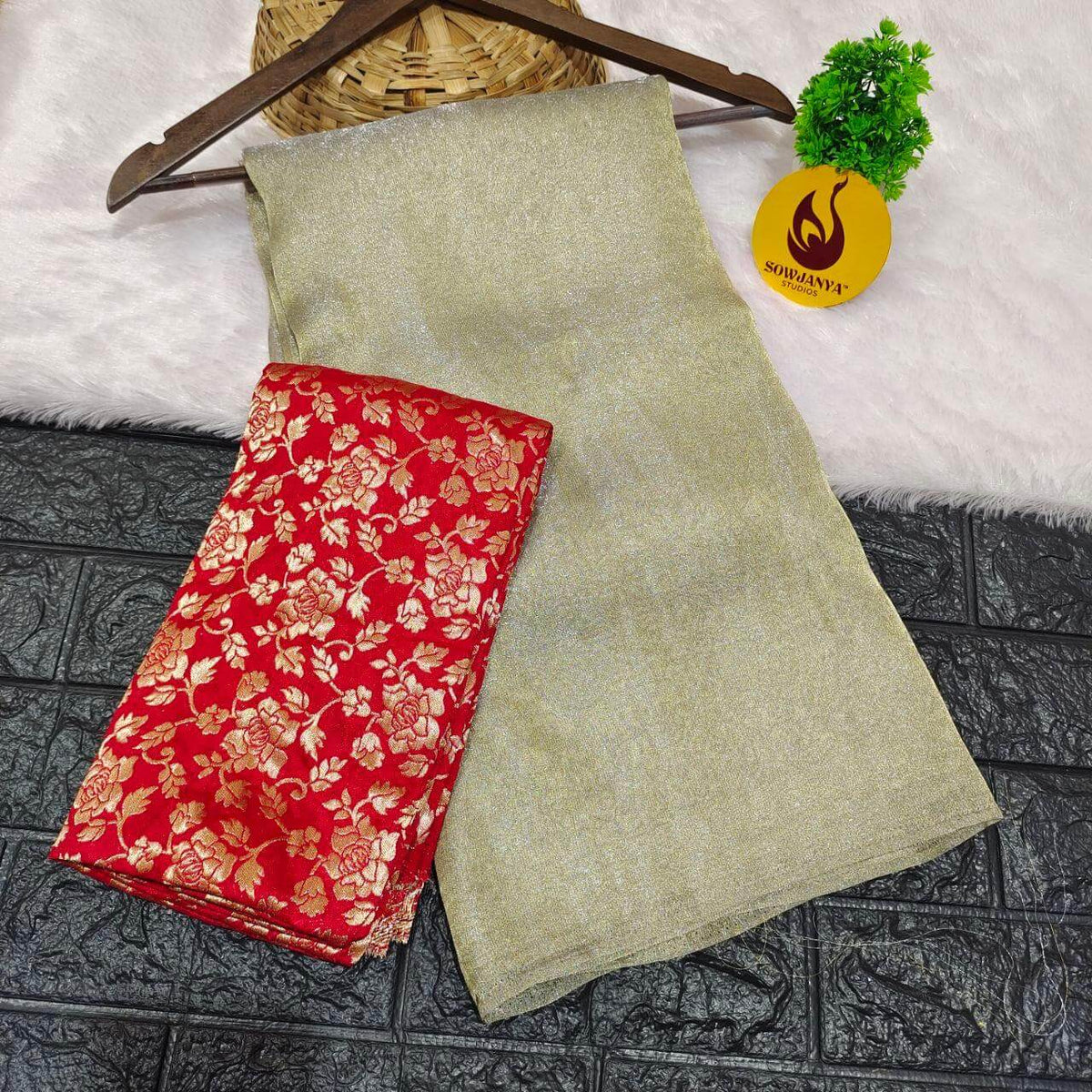 Tissue With allover Embose Design Saree(red blouse) - SSTIS