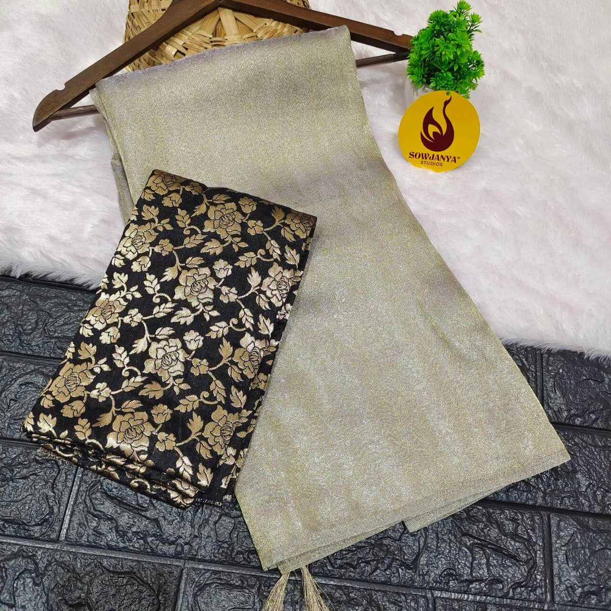 Tissue With allover Embose Design Saree(black blouse) - SSTIS