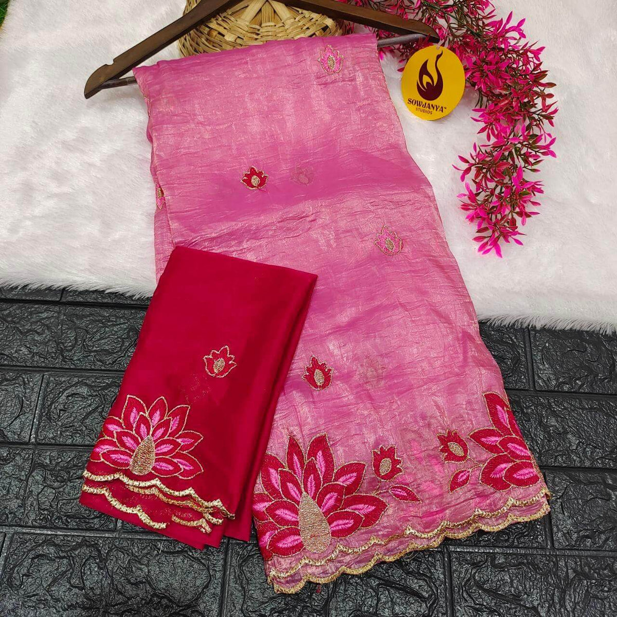 Paper Tissue Saree With Emboridery Work Design(PINK) - PAPER