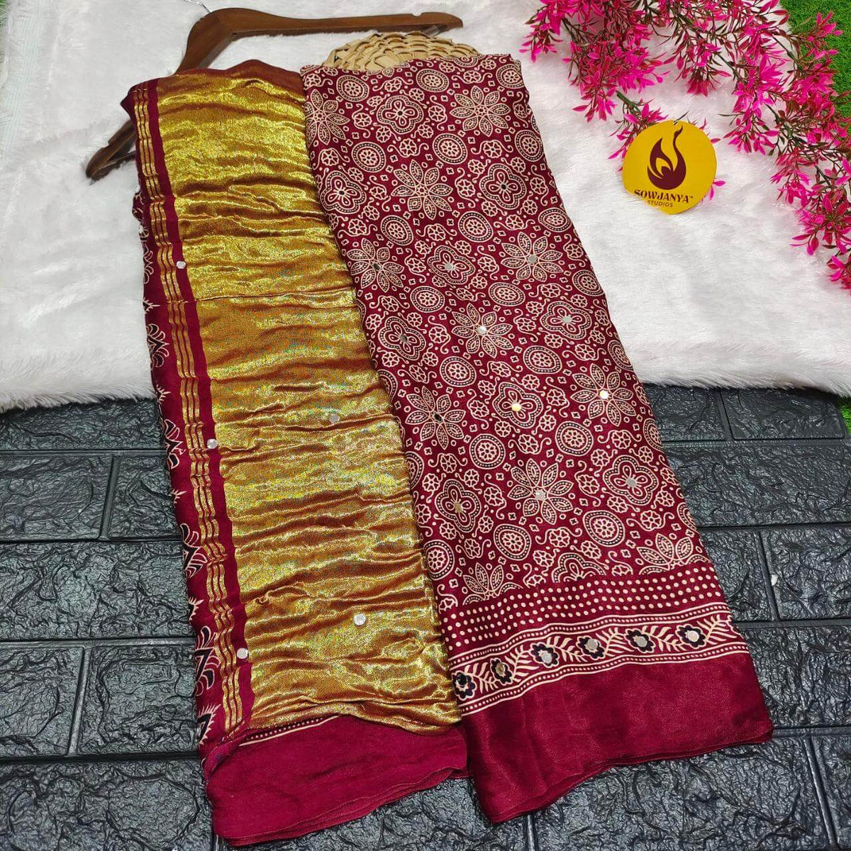 PURE Model Silk original Ajrakh Saree With Original Mirrors - PAJRAK