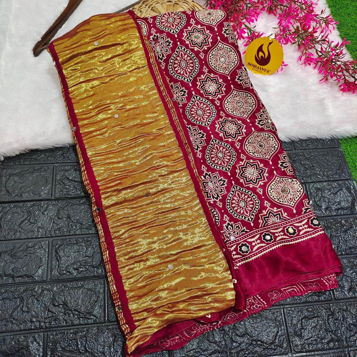 PURE Model Silk original Ajrakh Saree With Original Mirrors (maroon) - PAJRAK