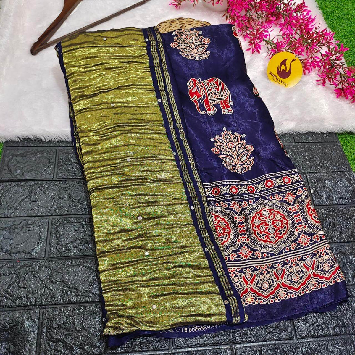 PURE Model Silk original Ajrakh Saree With Original Mirrors (blue) - PAJRAK