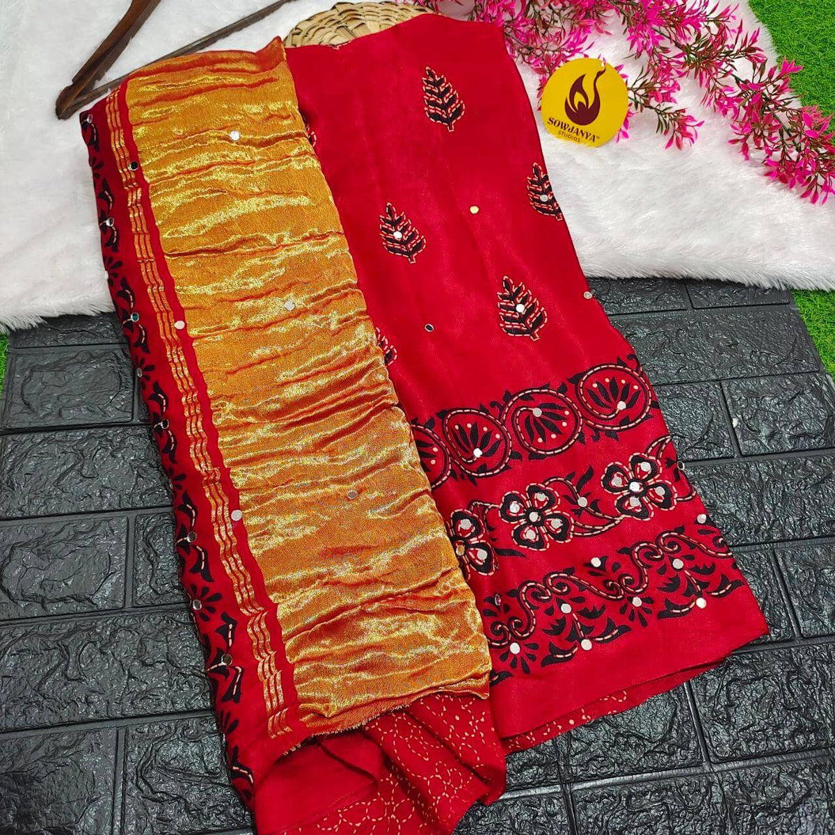 PURE Model Silk original Ajrakh Saree With Original Mirrors (red)- PAJRAK