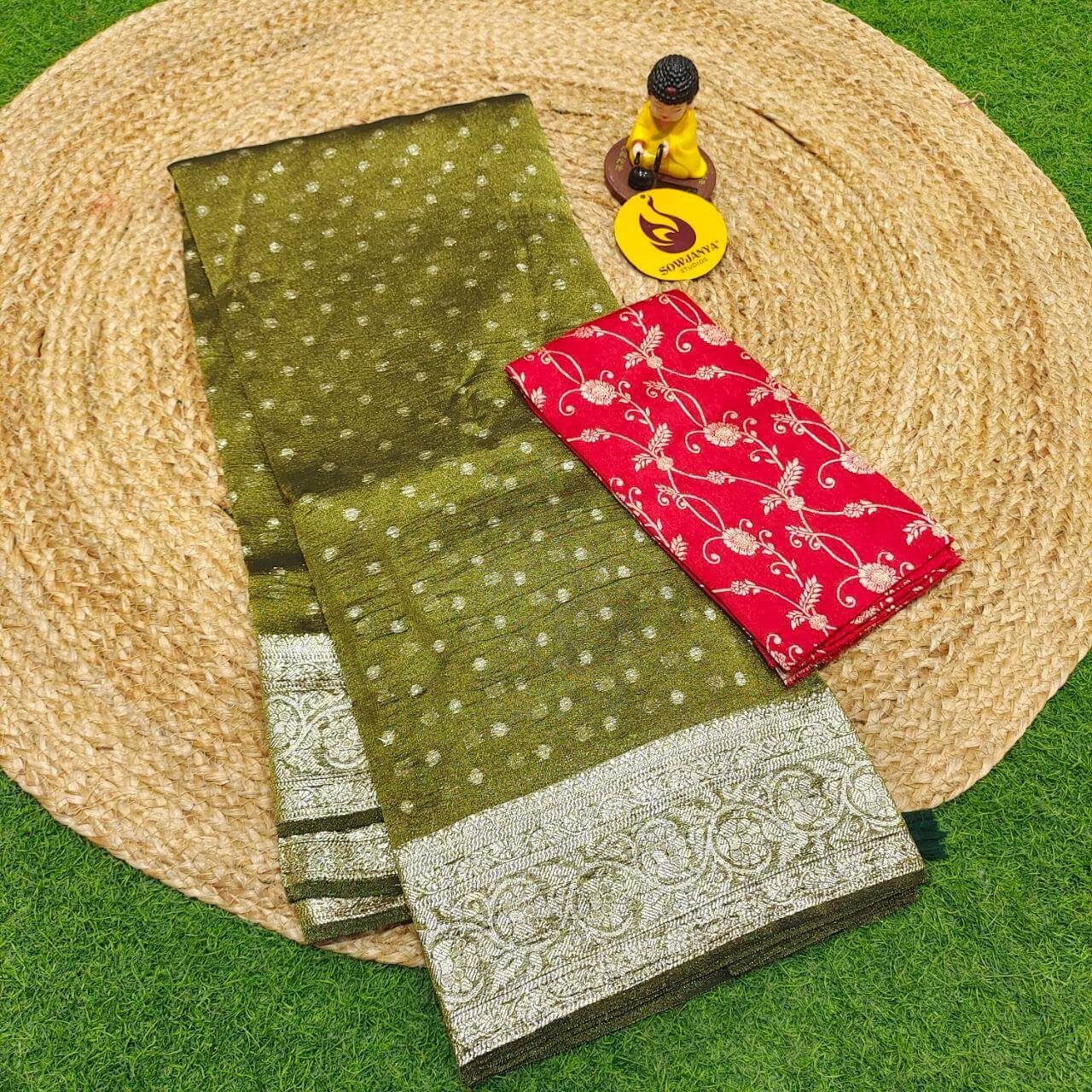 Designer TISSUE Weaving Butti Sarees - SSTWB9(green shade)