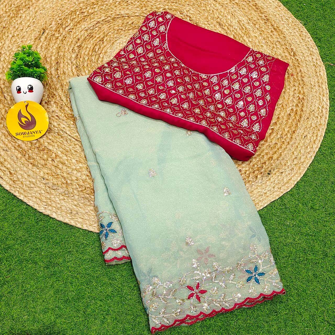 Premium Space Silk Embroidery Sarees with Bead Work - SSPBD3