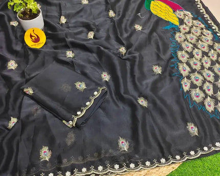 Premium Designer Peacock Embroidery Moti Work Saree - SSPEA1