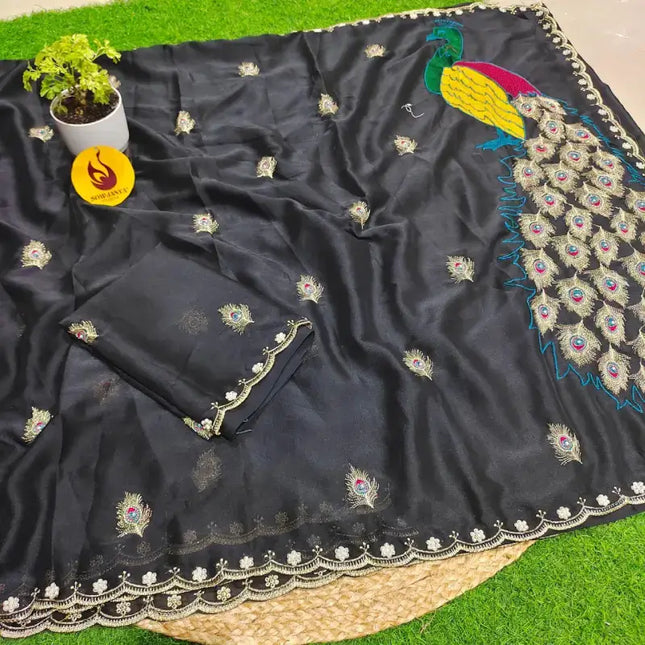 Premium Designer Peacock Embroidery Moti Work Saree - SSPEA1