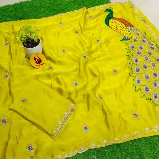 Premium Designer Peacock Embroidery Moti Work Saree - SSPEA4