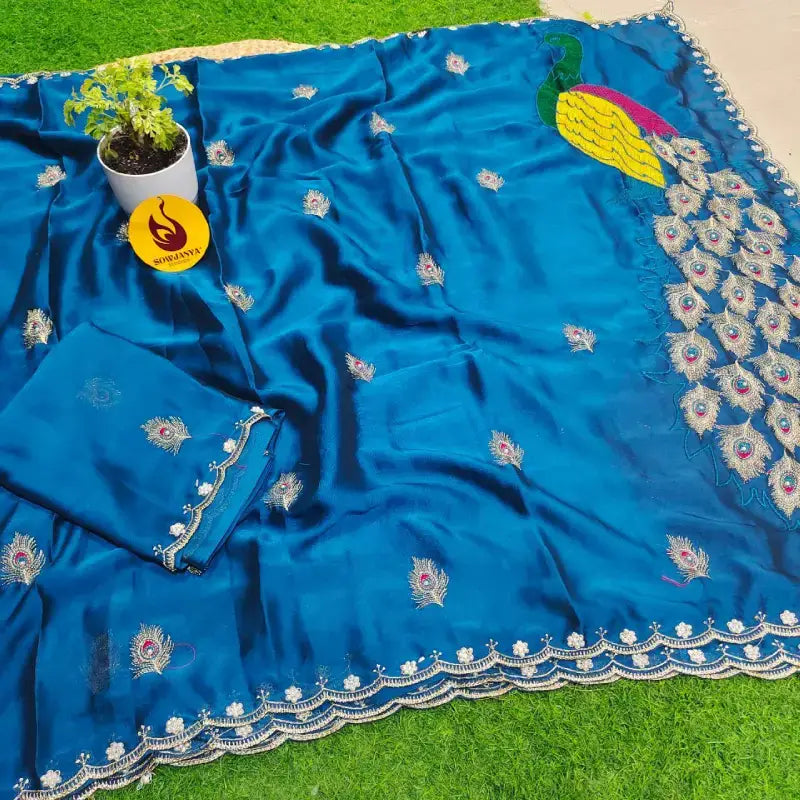 Premium Designer Peacock Embroidery Moti Work Saree - SSPEA5