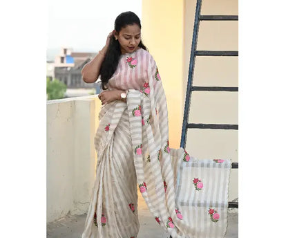 Premium Munga Stripes Embroidery Work Saree - GULAB1