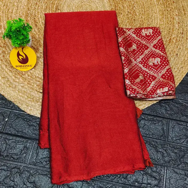Premium Crush Saree with Bandini Blouse - BIRD5(brick colour)
