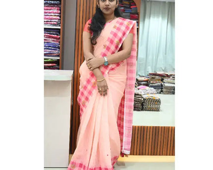 Premium Lenin Mirror Work Sarees With Chex Border - PEACH