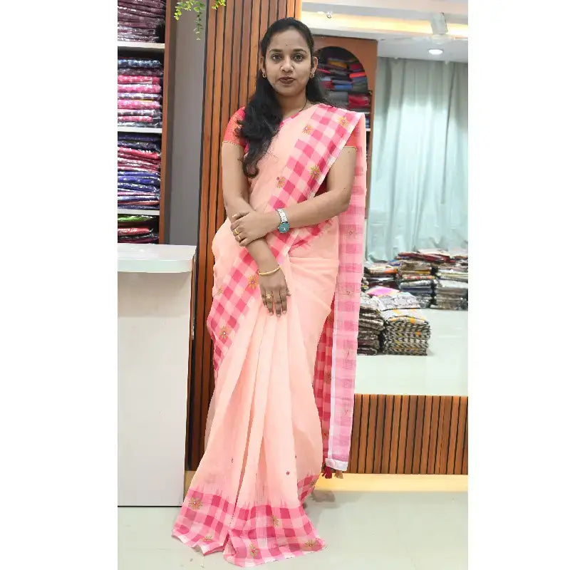 Premium Lenin Mirror Work Sarees With Chex Border - PEACH