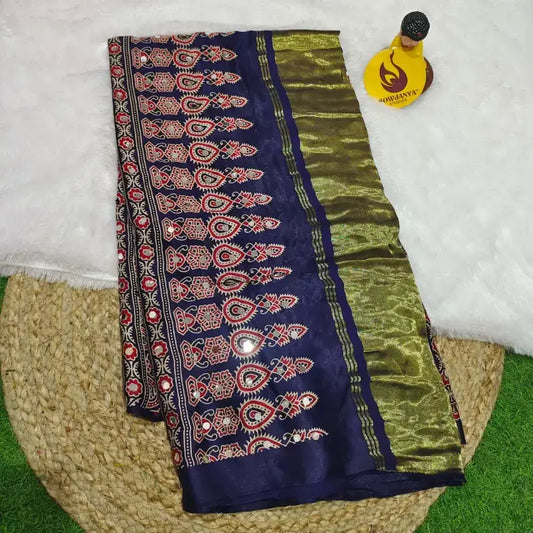 PURE Model Silk original Ajrakh Saree With Original Mirrors(navy blue) - PAJRAK