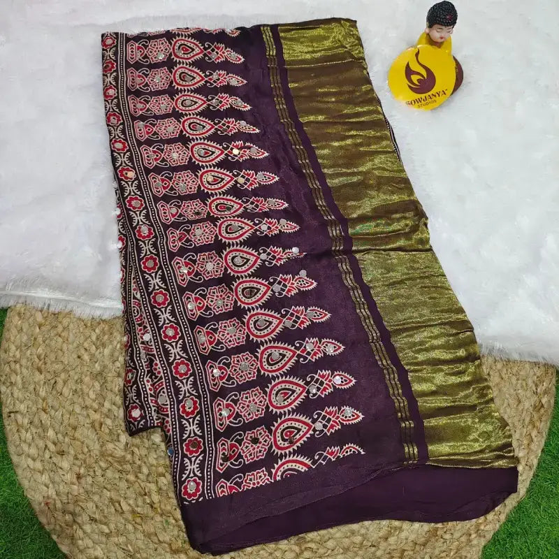 PURE Model Silk original Ajrakh Saree With Original Mirrors(coffee) - PAJRAK