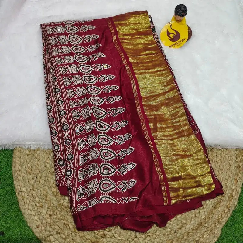 PURE Model Silk original Ajrakh Saree With Original Mirrors(Maroon) - PAJRAK
