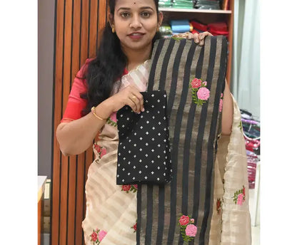 Premium Munga Stripes Embroidery Work Saree - GULAB2