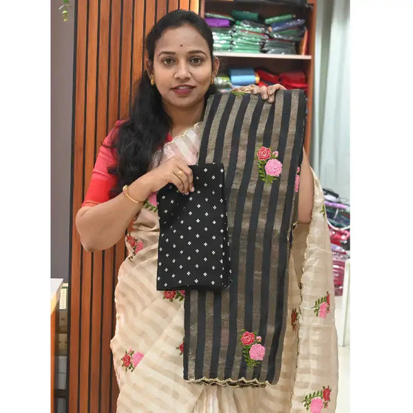 Premium Munga Stripes Embroidery Work Saree - GULAB2