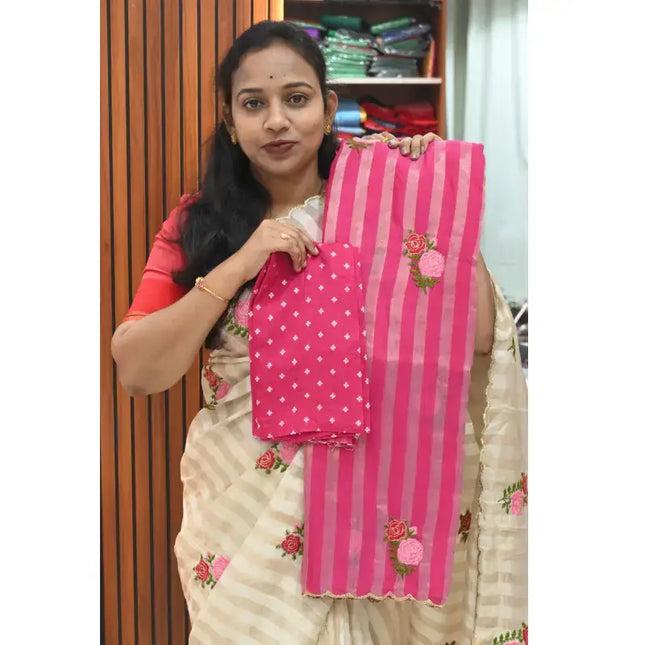 Premium Munga Stripes Embroidery Work Saree - GULAB3