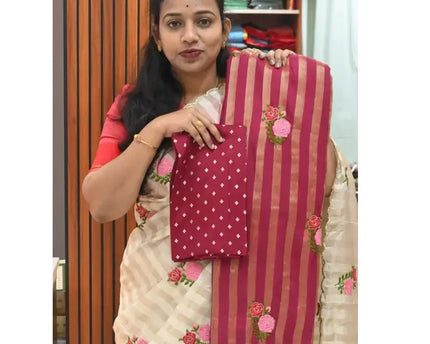 Premium Munga Stripes Embroidery Work Saree - GULAB4