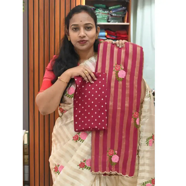 Premium Munga Stripes Embroidery Work Saree - GULAB4